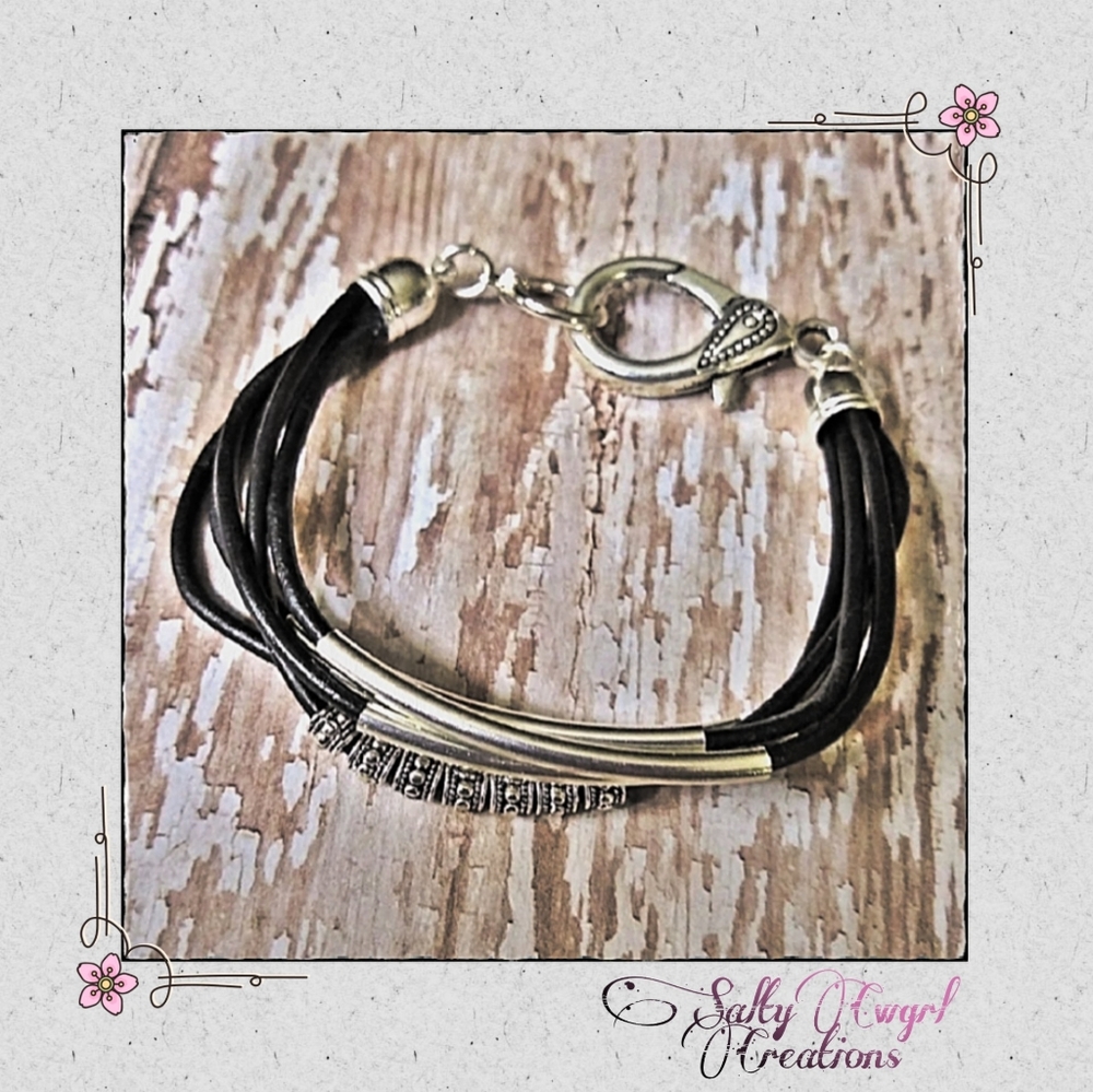 Boho Handmade Silver Bead and Leather Bracelet